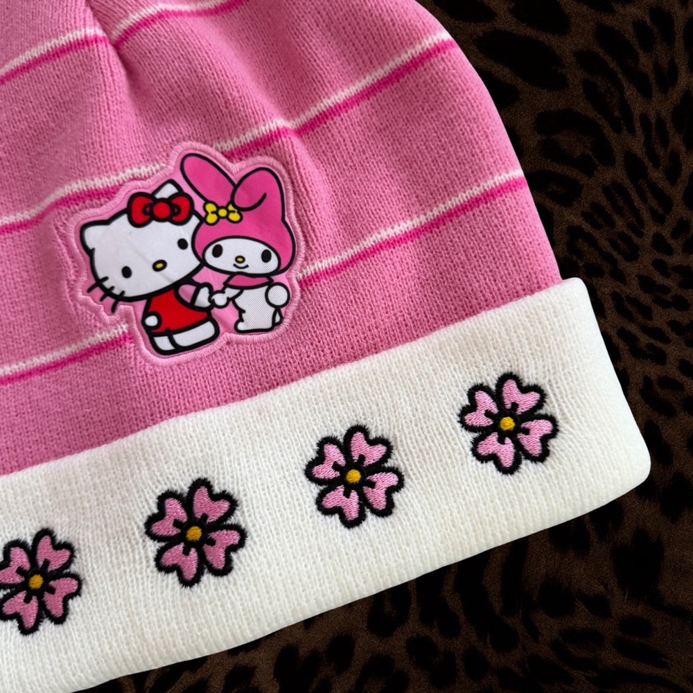 Hello Kitty Pink + White Floral Striped Beanie - Picture 2 of 4